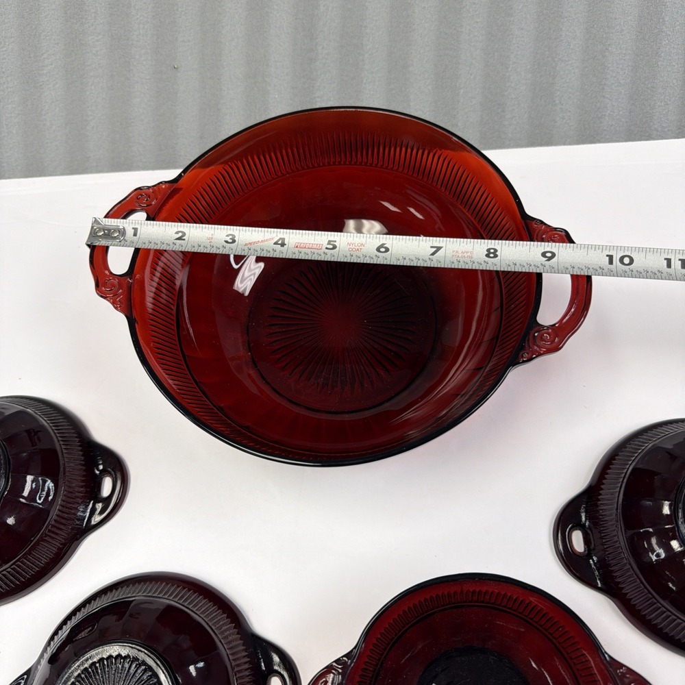 Anchor hocking 5 RUBY RED DEPRESSION GLASS Berry BOWLS W/HANDLES 1 Salad Bowl - Picture 9 of 12